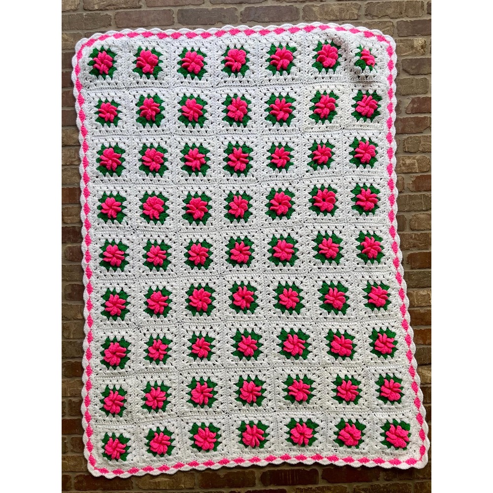 Vintage Crocheted 3D Hot Pink Rose Granny Square Throw 41x55